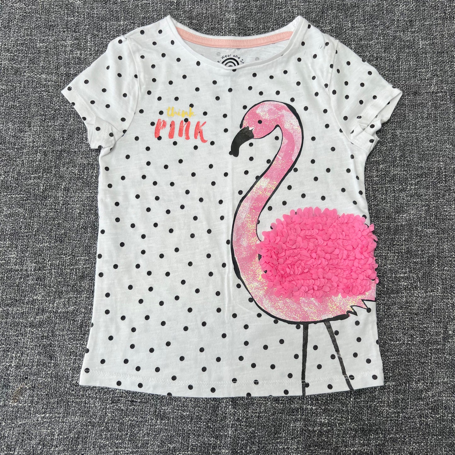 Girls 3-4 Year White T-shirt With Black Dots "Think Pink" Flamingo  (PIP)