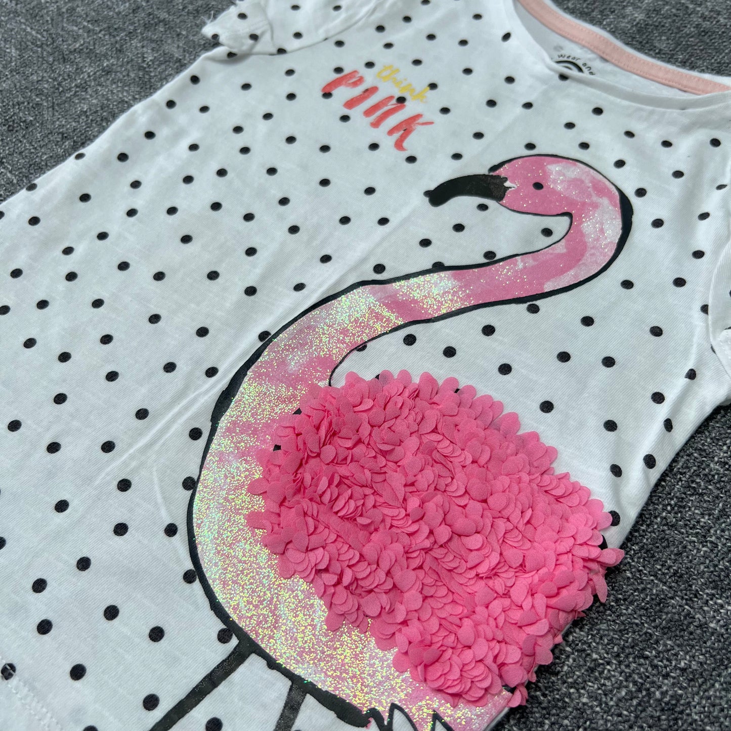 Girls 3-4 Year White T-shirt With Black Dots "Think Pink" Flamingo  (PIP)