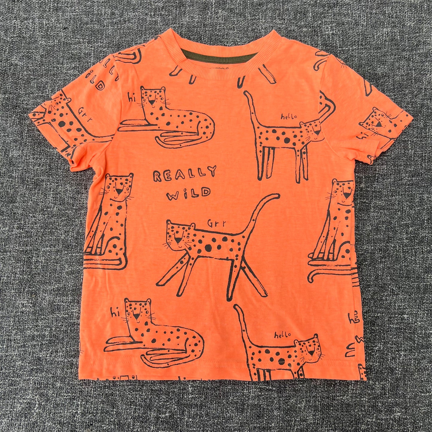 Boys 3-4 Year Fluorescent Orange T-shirt on With Leopards