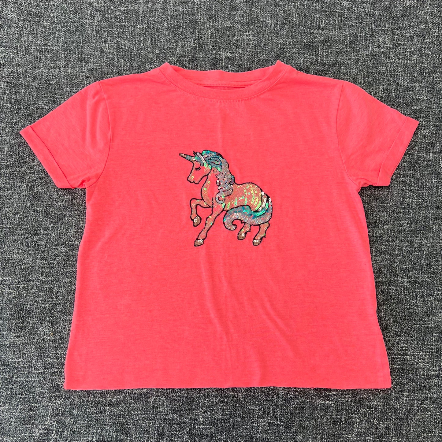 Girls 5-6 Year Fluorescent Pink Sequinned Unicorn T-shirt