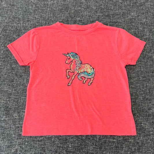 Girls 5-6 Year Fluorescent Pink Sequinned Unicorn T-shirt