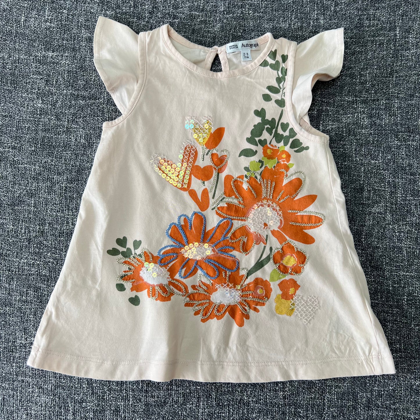 Girls 2-3 Year Beige T-shirt With Embellished Floral Print