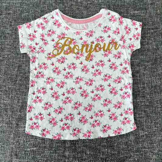 Girls 18-24 Month White T-shirt With A Pink Floral Print & "Bonjour" Printed In Gold Glitter