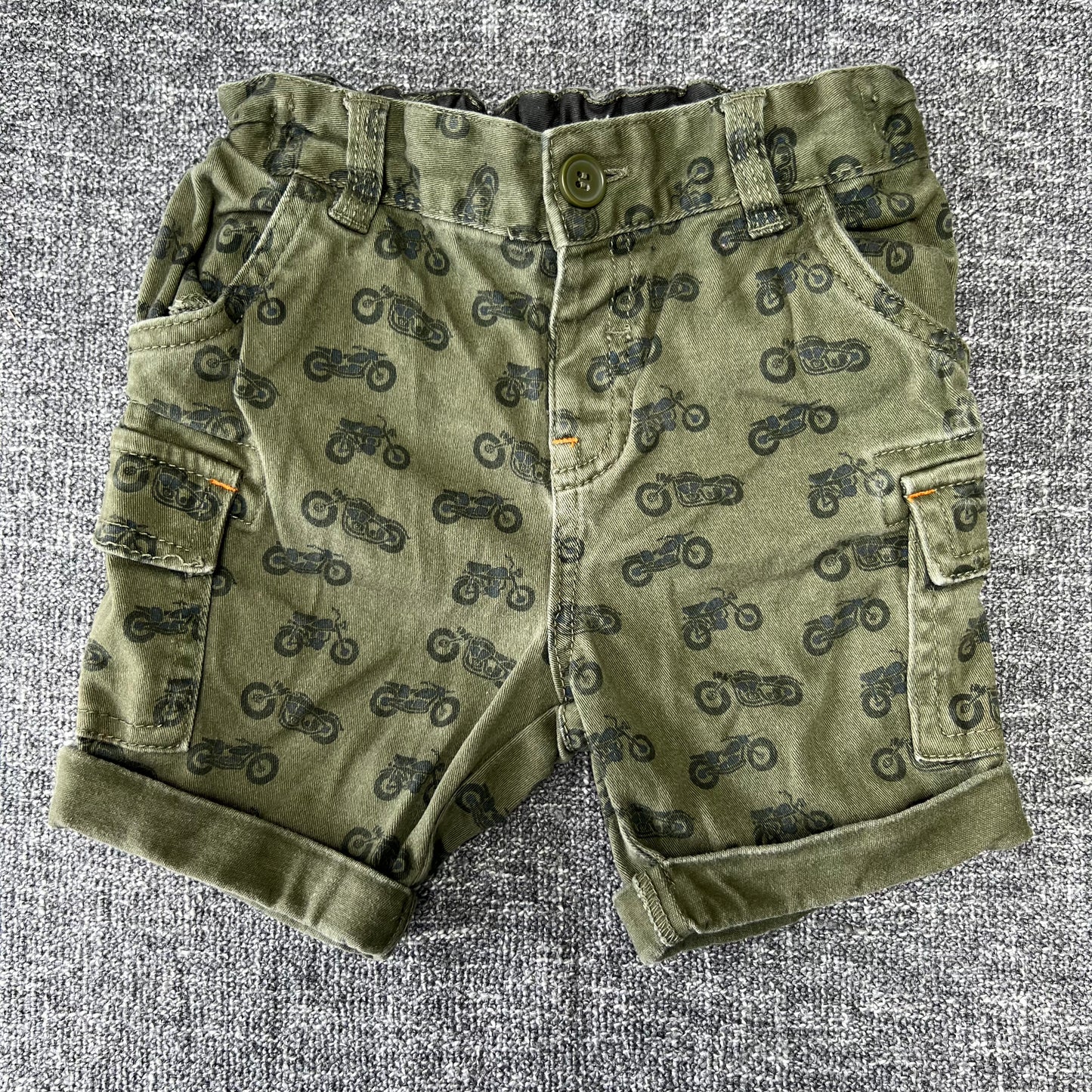 Boys 18-24 Month Khaki Green Shorts With Motorcycle Print