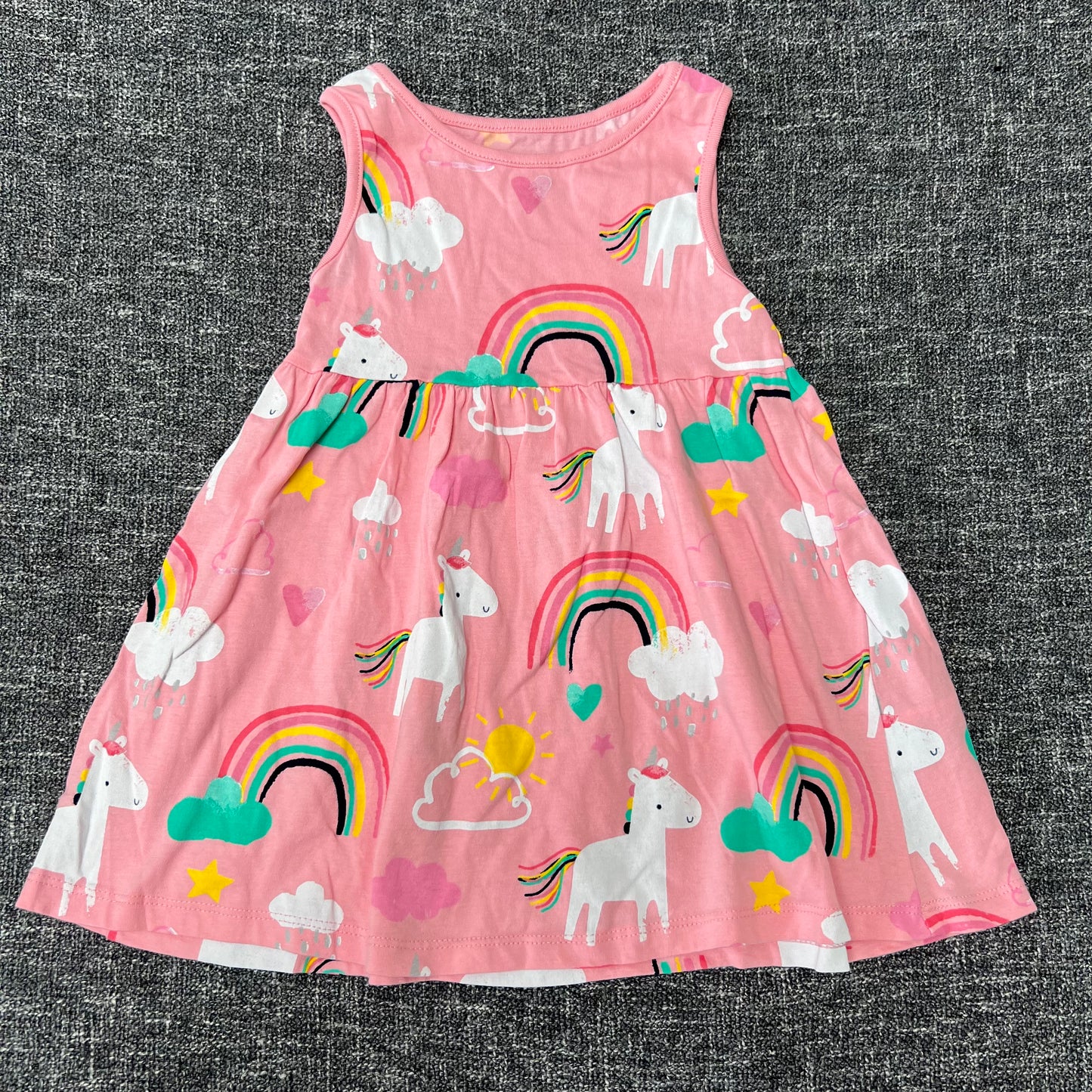 Girls 12-18 Month Pink Jersey Summer Dress With A Unicorn & Rainbow Print