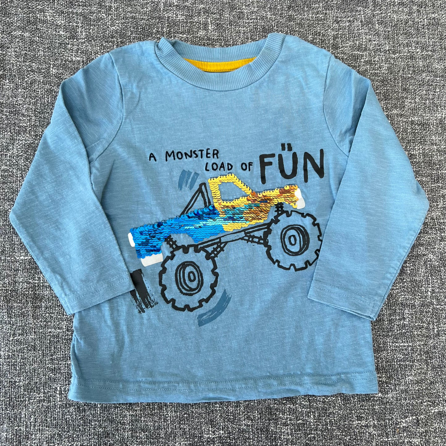 Boys 2-3 Year Blue "A monster load of fun" Sequinned Car Long Sleeved Top