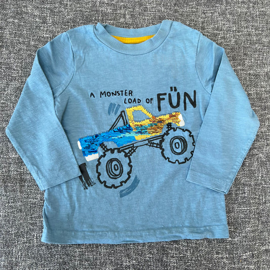 Boys 2-3 Year Blue "A monster load of fun" Sequinned Car Long Sleeved Top