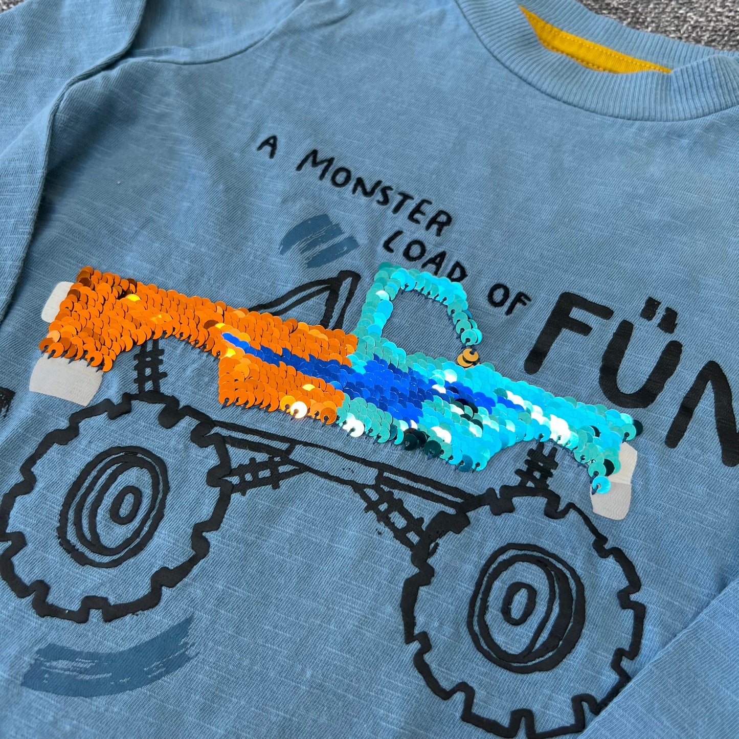 Boys 2-3 Year Blue "A monster load of fun" Sequinned Car Long Sleeved Top