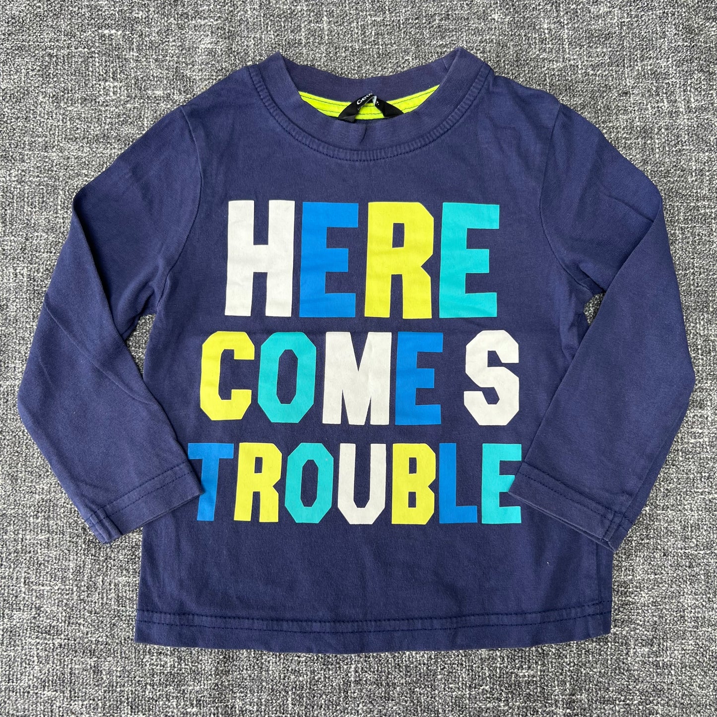 Boys 12-18 Month Blue "Here Comes Trouble" Long Sleeved Top