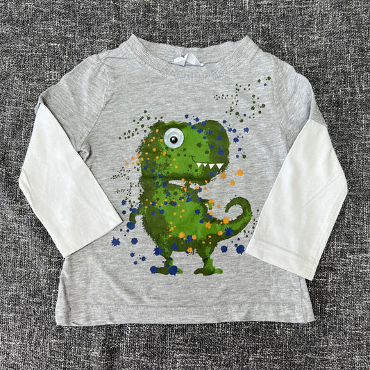 Boys 12-18 Month Grey & White Long Sleeved Top With Large Dinosaur Motif With Googly Eye