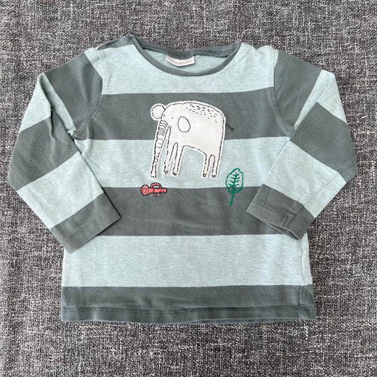 Boys 12-18 Month Grey & Green Striped Long Sleeved Top With Appliqué Elephant