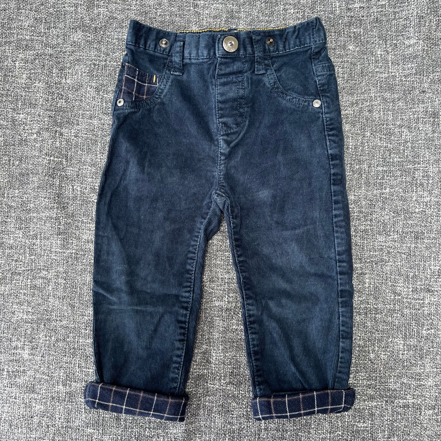 Boys 12-18 Month Blue Cord Trousers With Blue Check Hem