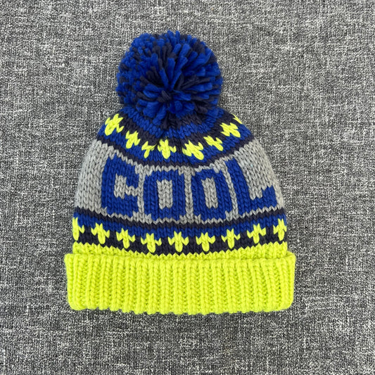 Boys 12-18 Month Blue, Grey & Yellow "Cool" Knitted Winter Bobble Hat