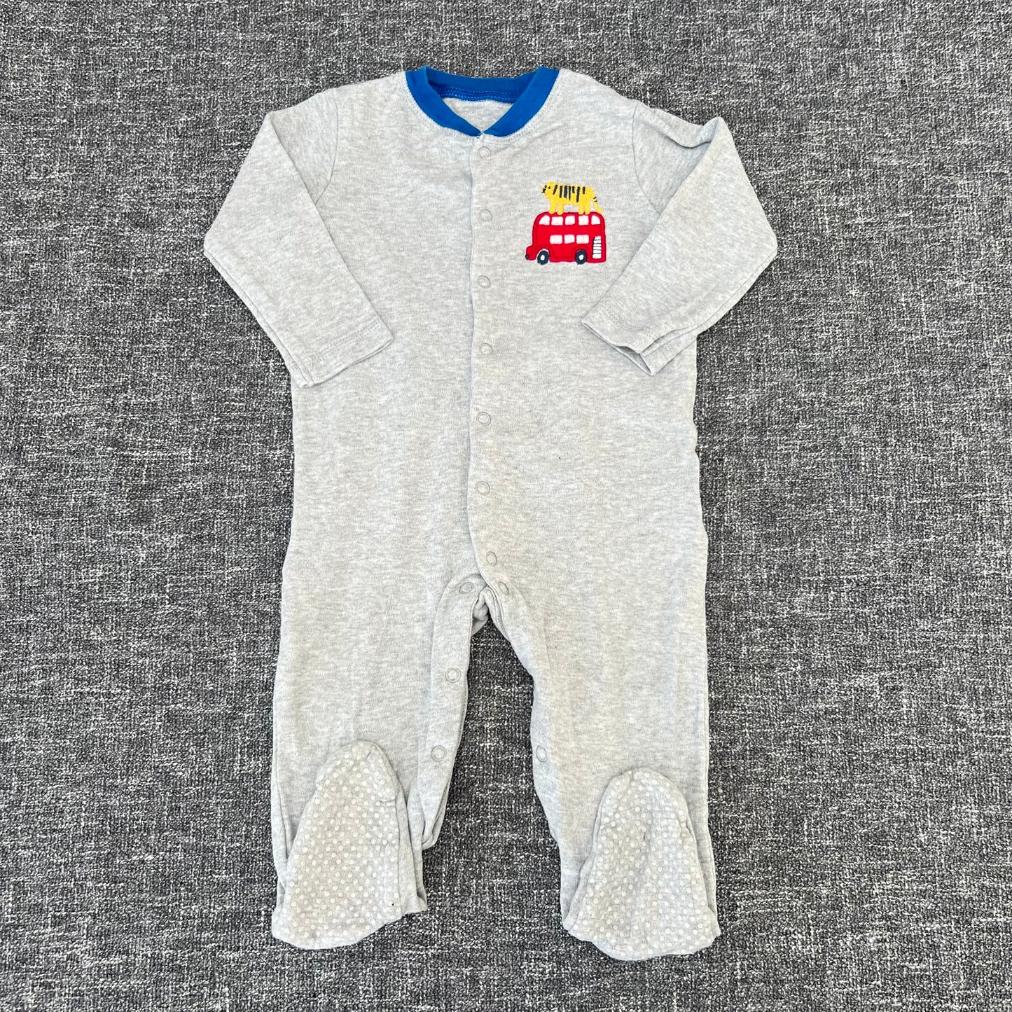 Boys 12-18 Month Grey Sleepsuit With Embroidered Tiger & Bus Motif