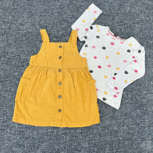 Girls 9-12 Month Mustard Yellow Cord Pinafore Dress And Cream Long Sleeved Top With Coloured Spots Outfit