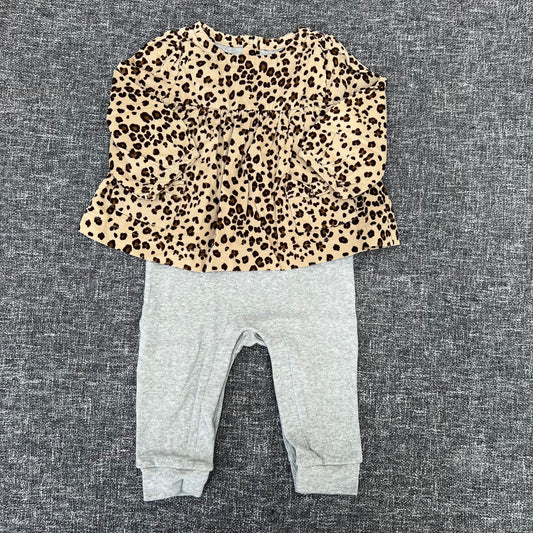 Girls 6-9 Month Grey Romper With Cord Long Sleeved Top In Leopard Print