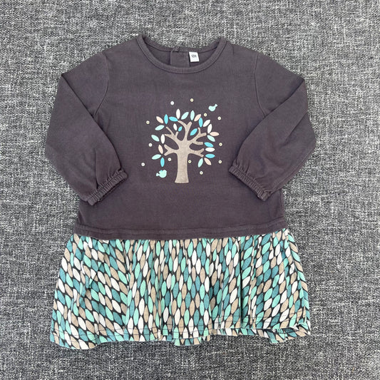 Girls 9-12 Month Grey & Green Long Sleeved Dress With Tree Motif