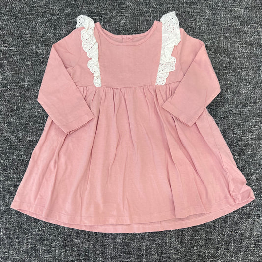 Girls 9-12 Month Pink Long Sleeved Dress With Lace Detail (PIP)