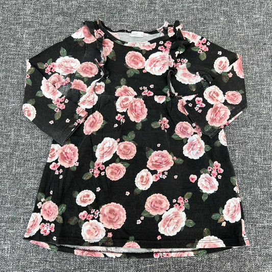 Girls 9-12 Month Black Long Sleeved Jersey Dress With Pink Rose Print