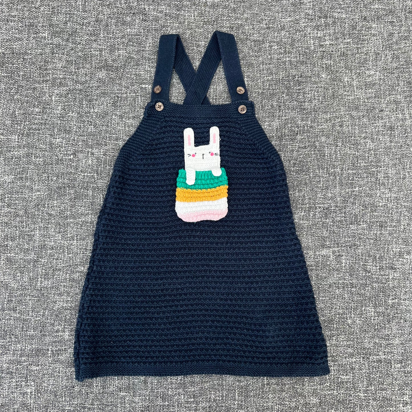 Girls 9-12 Month Navy Blue Knitted Pinafore Dress With Bunny Pocket