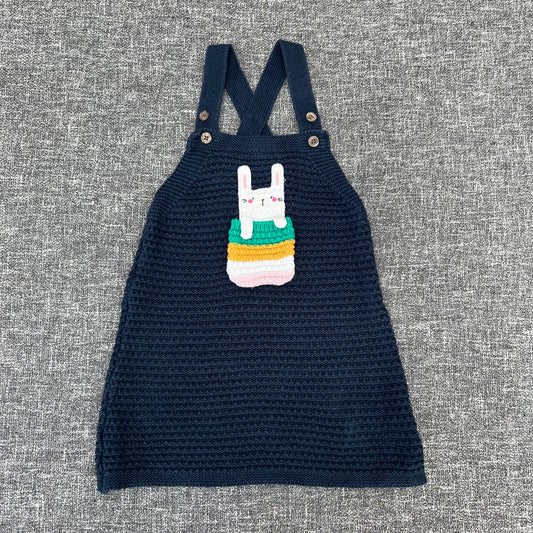 Girls 9-12 Month Navy Blue Knitted Pinafore Dress With Bunny Pocket