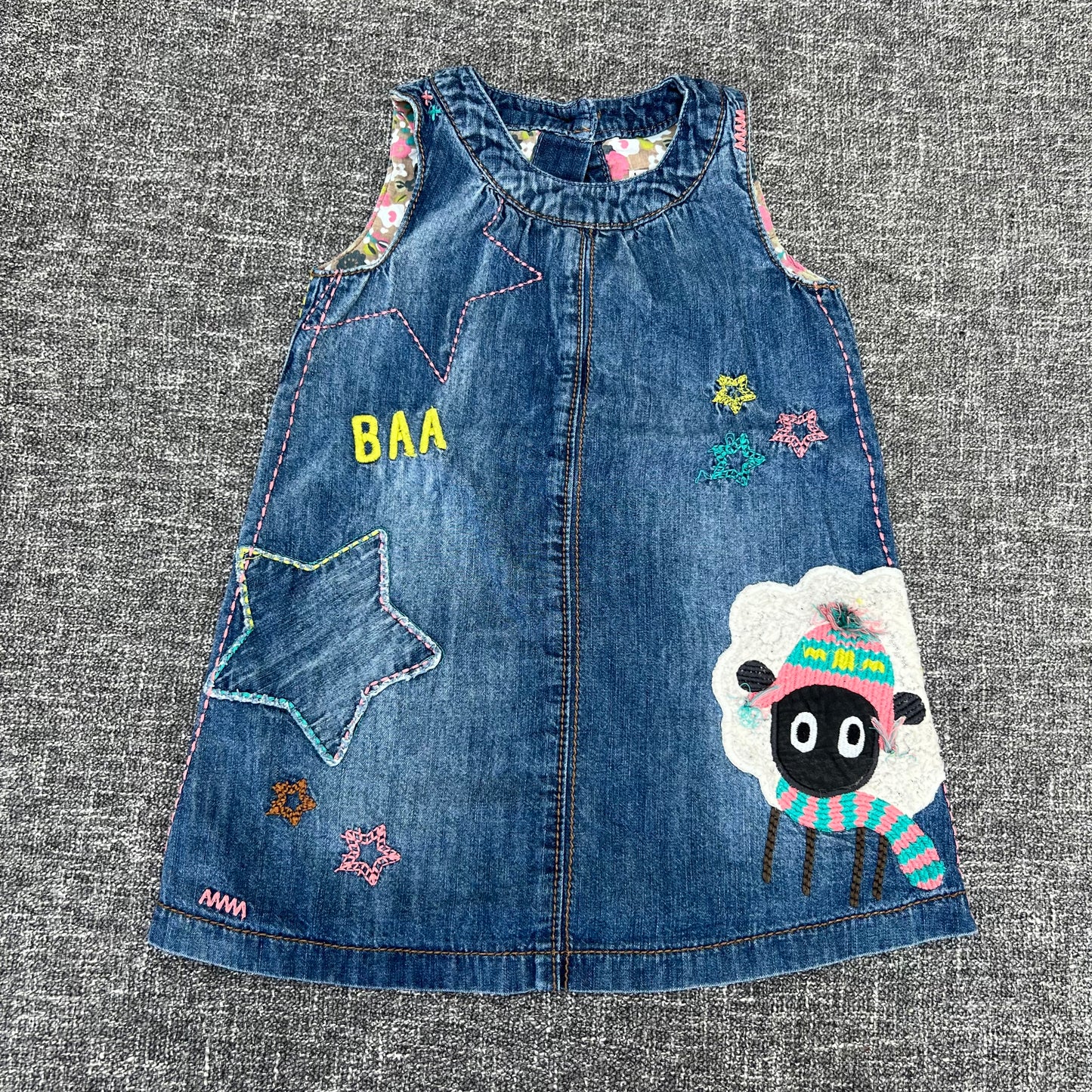 Girls 9-12 Month Dark Blue Denim Pinafore Dress With Appliqué Sheep