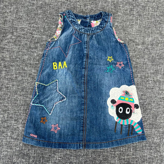 Girls 9-12 Month Dark Blue Denim Pinafore Dress With Appliqué Sheep