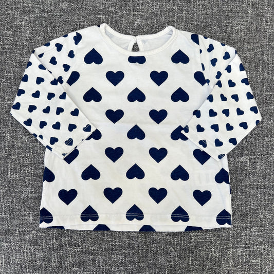 Girls 9-12 Month White Long Sleeved Top With Blue Heart Pattern