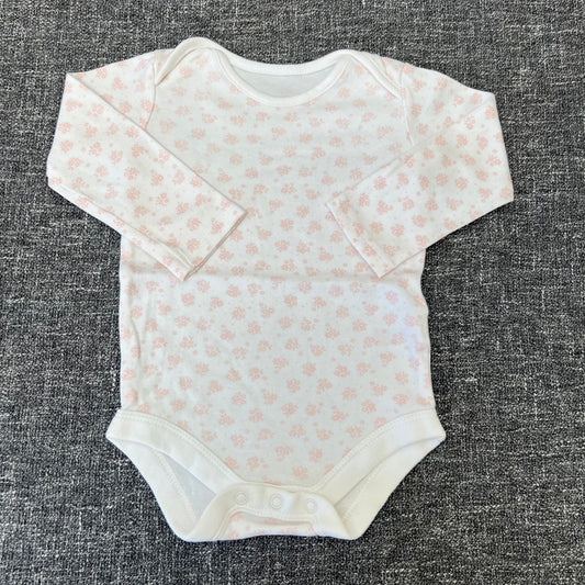 Girls 9-12 Month White With Pink Floral Pattern Long Sleeved Bodysuit