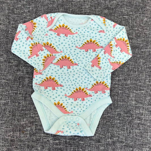 Girls 9-12 Month Blue  Long Sleeved Bodysuit With Pink Dinosaur Print