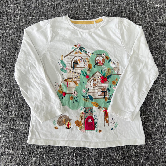 Girls 4-5 Year White Long Sleeved Top With Animal Tree House Scene