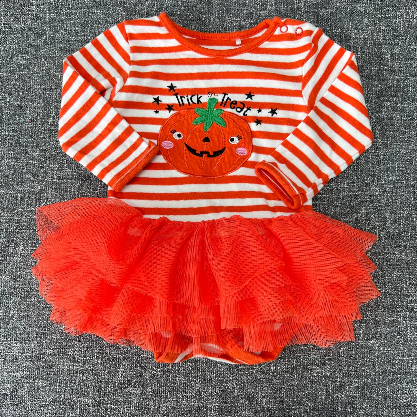 Girls 9-12 Month Orange & White Striped "Trick Or Treat" Pumpkin Bodysuit Dress