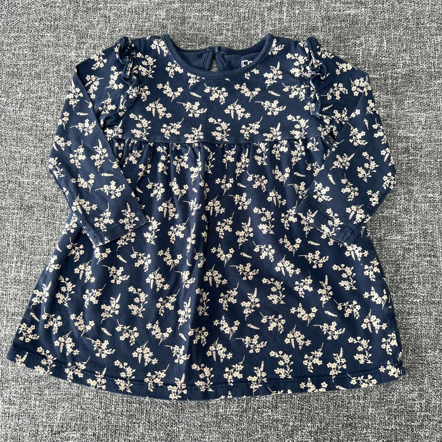 Girls 9-12 Month Blue Long Sleeved Jersey Dress With Beige Floral Pattern