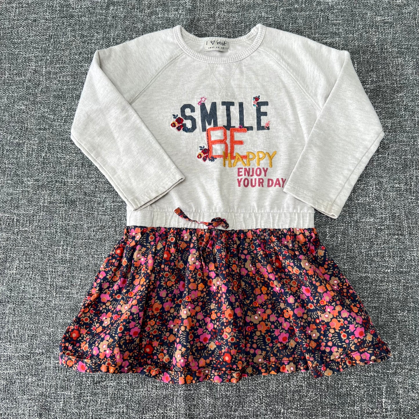 Girls 18-24 Month Beige Floral Print "Smile Be Happy Enjoy Your Day" Long Sleeved Dress (PIP)