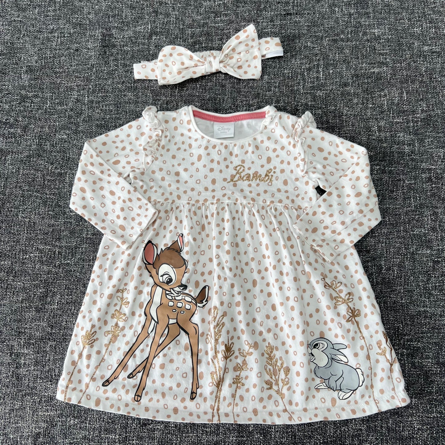 Girls 9-12 Month White & Beige Disney Bambi & Thumper Long Sleeved Jersey Dress & Matching Headband