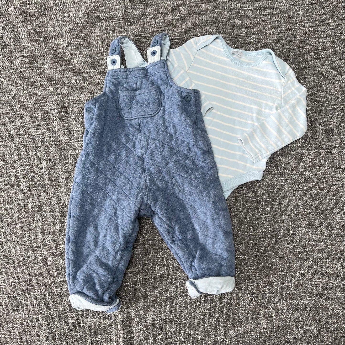 Boys 9-12 Month Blue & White Dungarees & Long Sleeved Bodysuit Set / Outfit