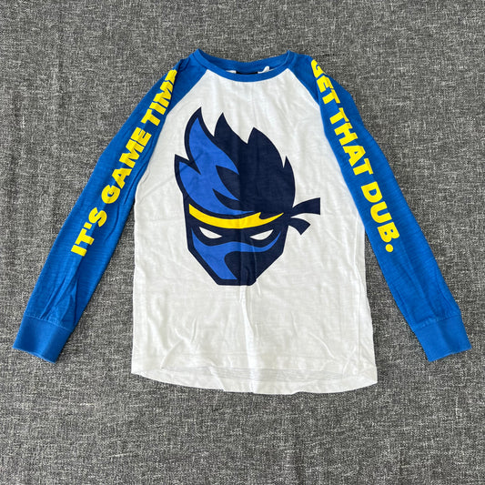 Boys 7-8 Year White & Blue Ninja "It's Game Time Get That Dub" Long Sleeved Top