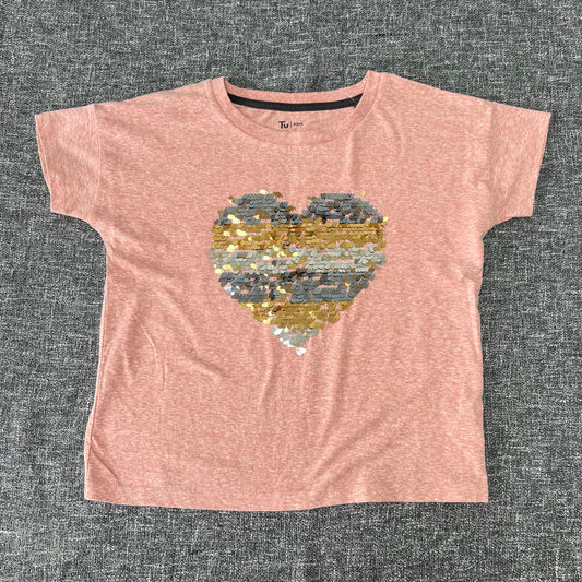 Girls 8-9 Year Pale Orange T-shirt With Gold & Silver Sequined Heart Motif