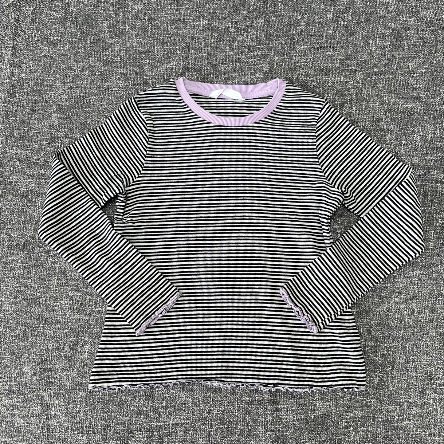 Girls 8-9 Year Black & White Striped Ribbed Long Sleeved Top