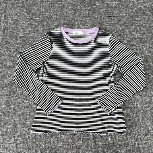 Girls 8-9 Year Black & White Striped Ribbed Long Sleeved Top