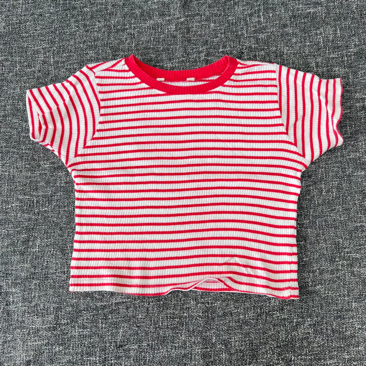 Girls 7-8 Year Red & White Striped Ribbed Cropped T-shirt