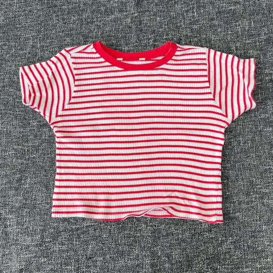 Girls 7-8 Year Red & White Striped Ribbed Cropped T-shirt