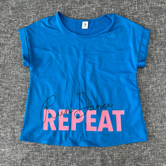 Girls 6-7 Year Blue "Run Dance Repeat" Short Sleeved Top