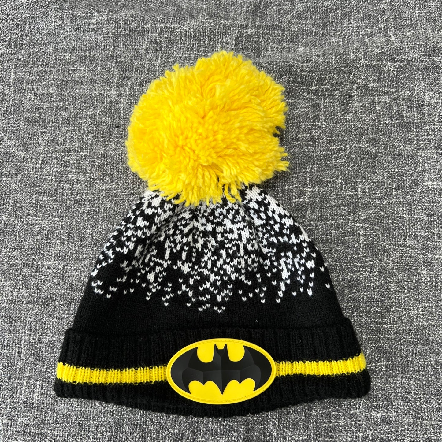 Boys 11-13 Year Black, White & Yellow "Batman" Bobble Hat