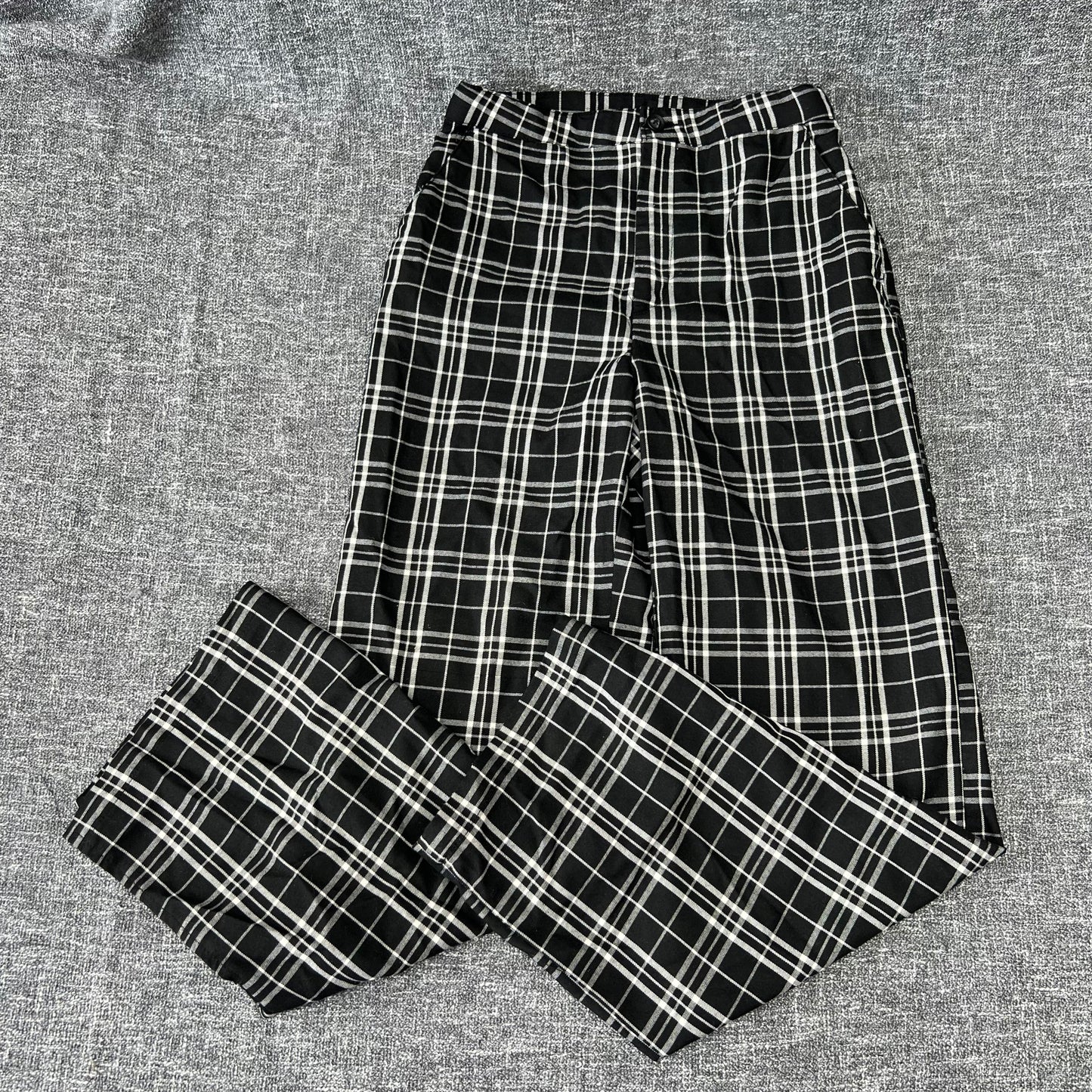 Girls 11-12 Year Black & White Checked High Waist, Straight Leg, Adjustable Waist Trousers