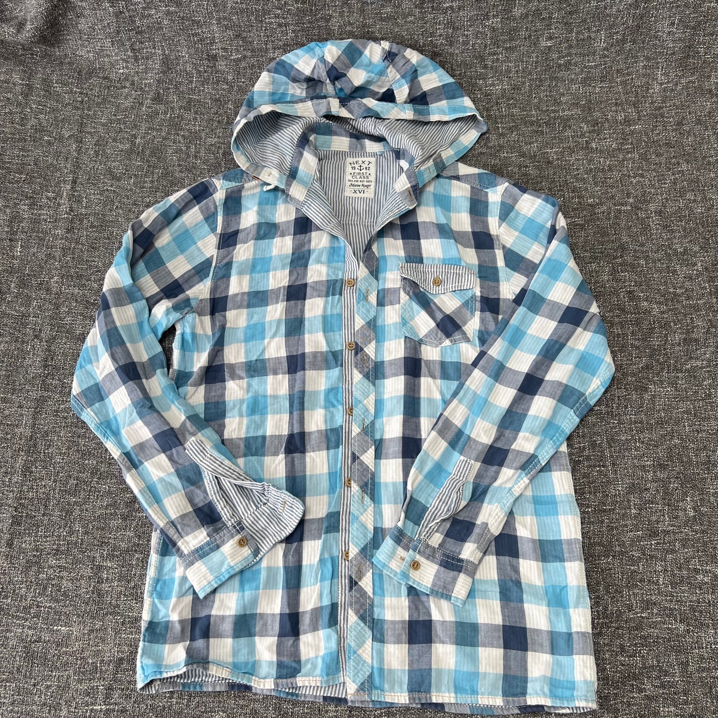 Boys 12-13 Year Blue Checked Hooded Shirt