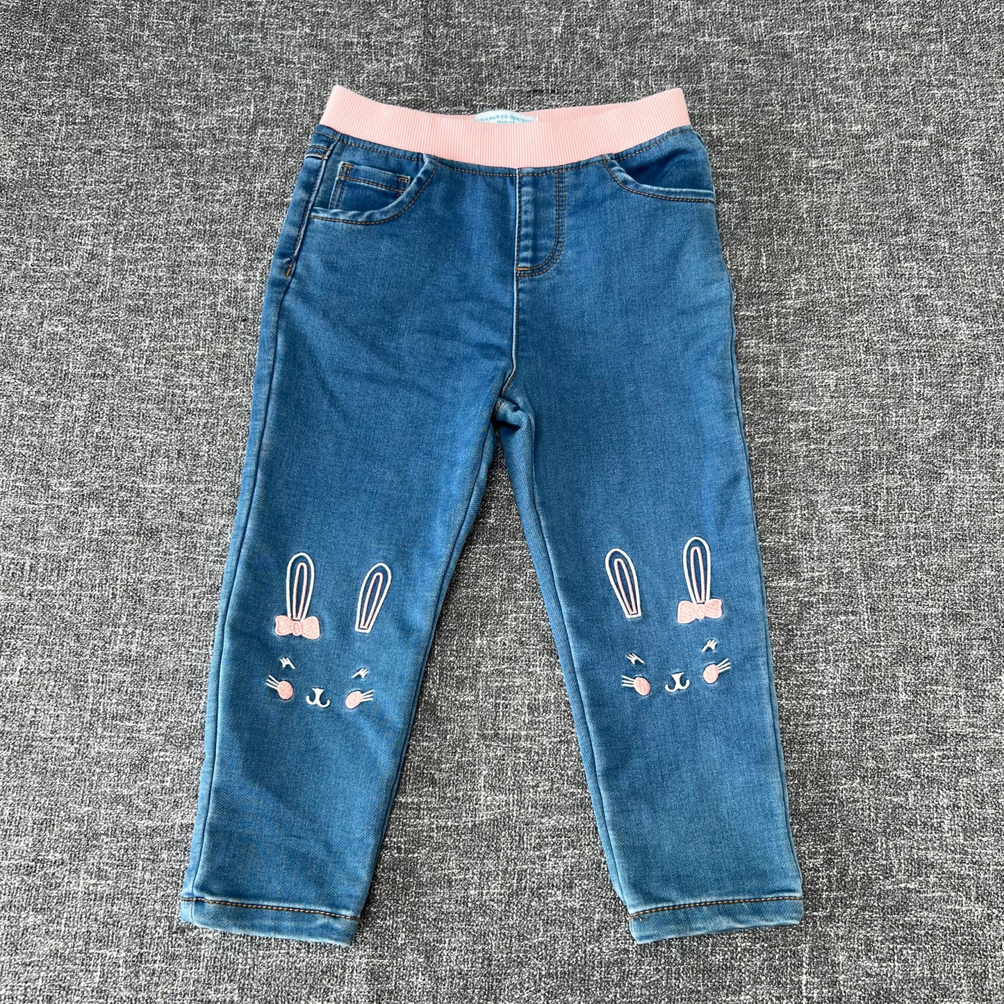 Girls 2-3 Year Blue Jeans With Embroidered Bunnies On The Knees