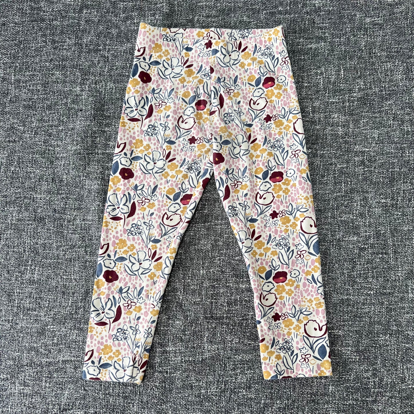 Girls 3-4 Year Beige Leggings With Blue & Burgundy Floral Print