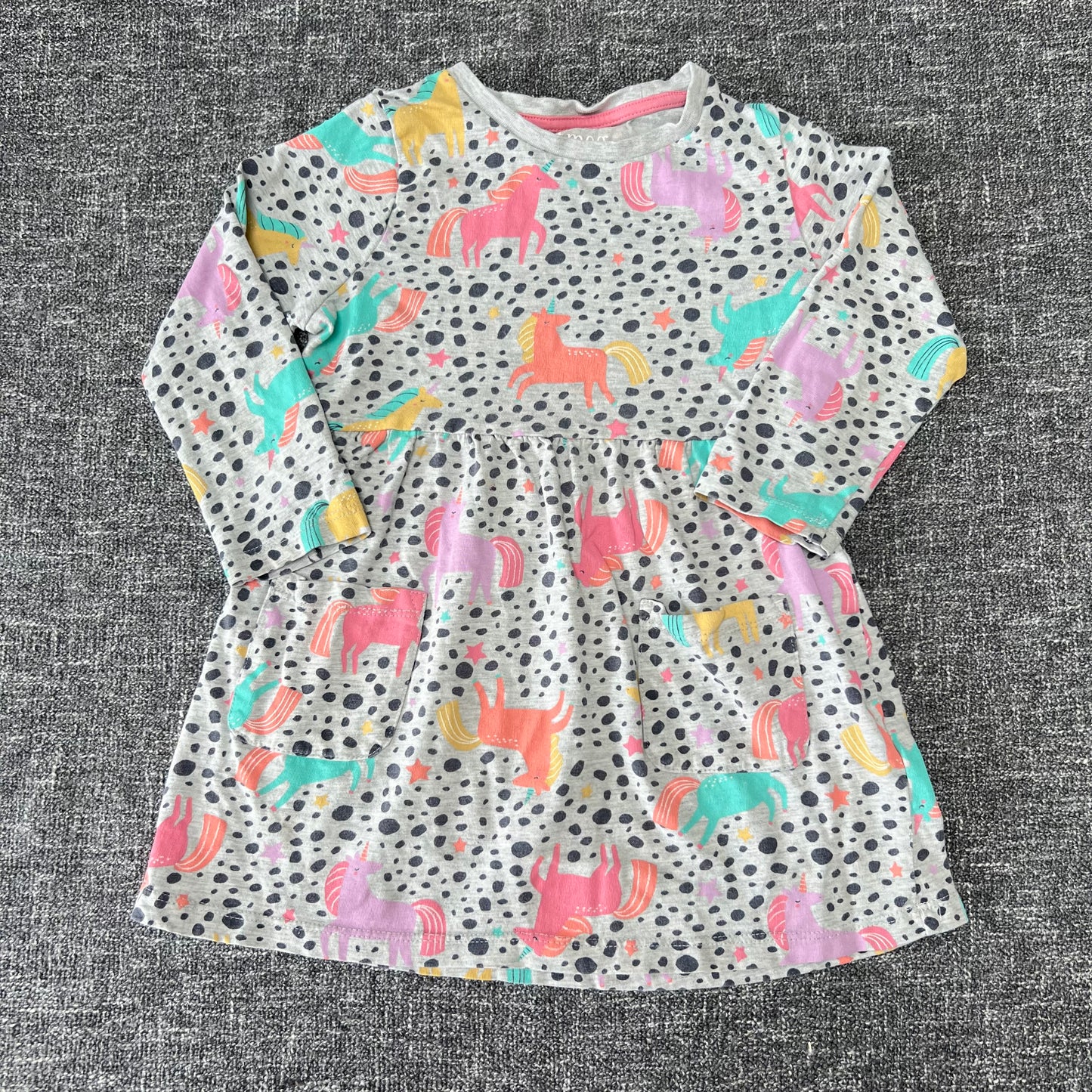 Girls 3-4 Year Grey Jersey Dress With Multicoloured Unicorn Print