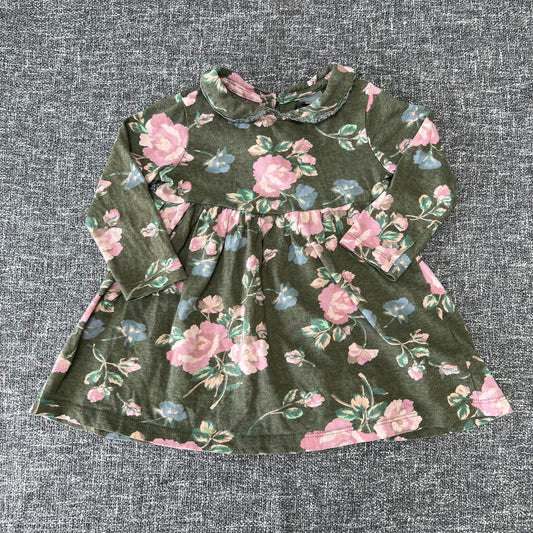 Girls 6-9 Month Green Long Sleeved Dress With Pink Rose Print & Collar